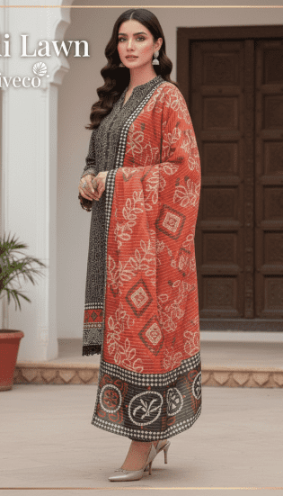 Black and red printed Khaadi unstitched lawn suit, ideal for stylish summer wear for women on sale price